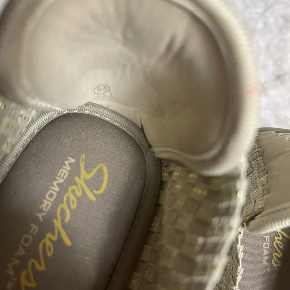 Skechers Parallel Beige /Gold Weave Wedge Peep Toe Sandals Shoes SZ9.5